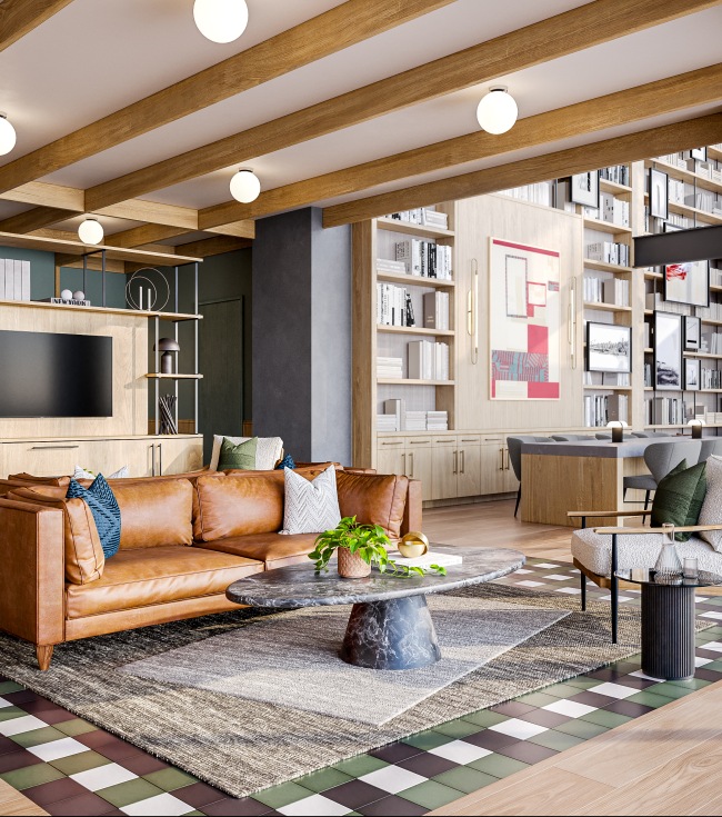 Lobby with library and seating area