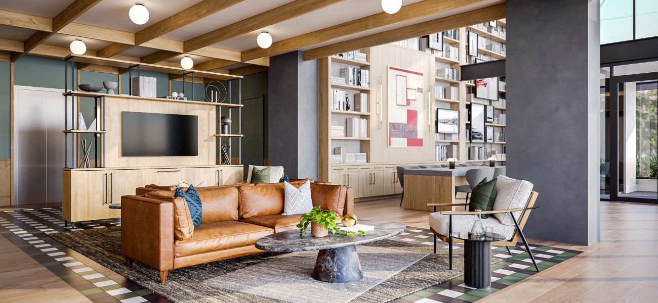Lobby with library and seating area Lobby with library and seating area